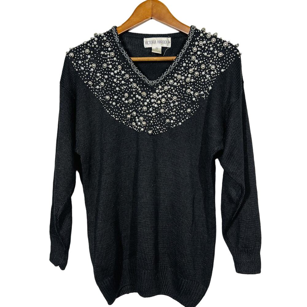 Vintage Victoria Harbor Bejewelled Sweater Silver Black Beaded Mobwife Knit - PM